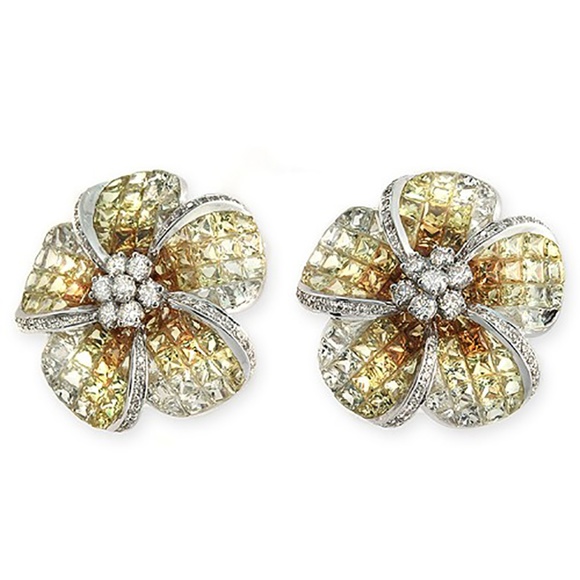 None Jewelry - 18k White Gold Diamonds Sapphire Flower Earring